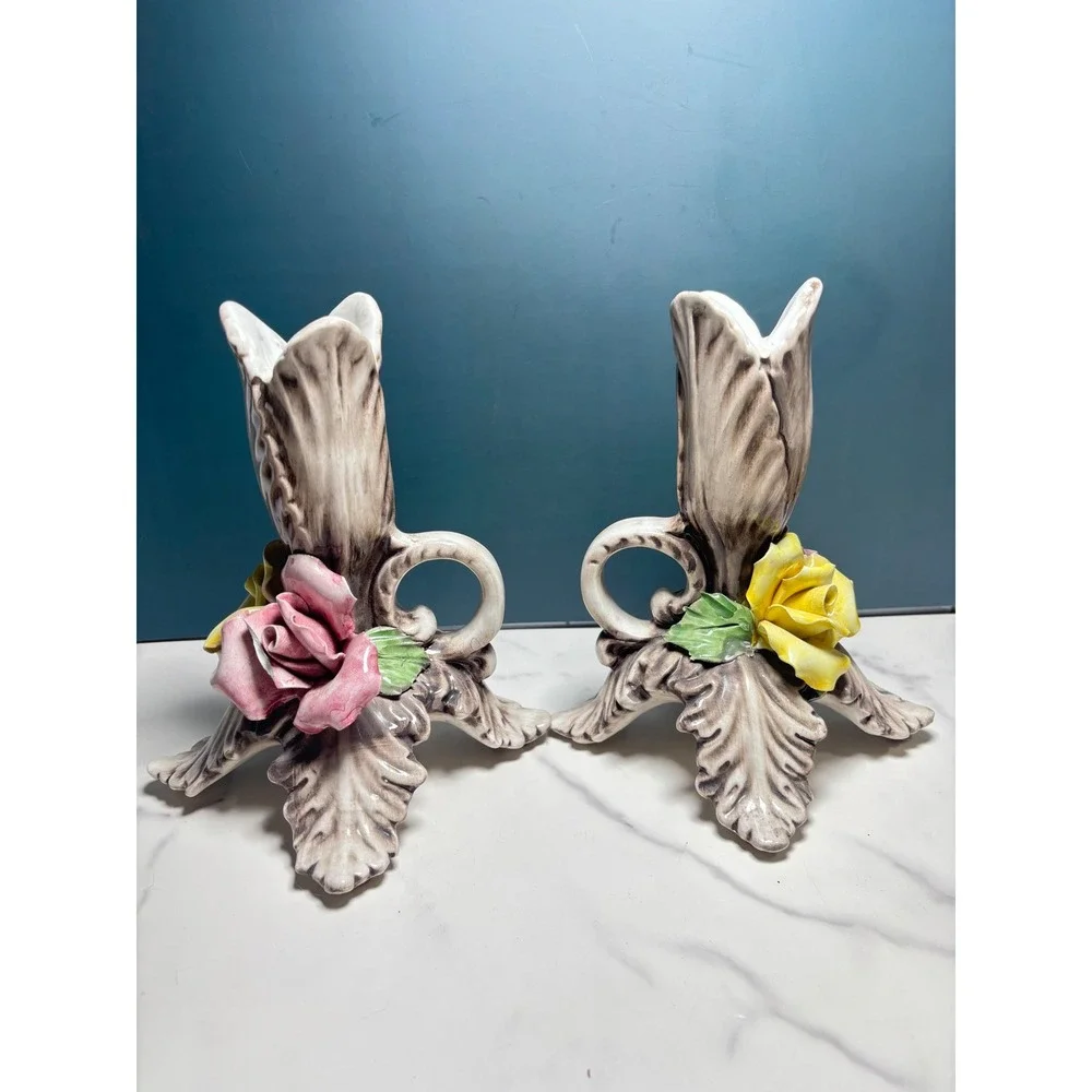 Vintage Capodimonte Italy Ceramic Floral Candlestick Holders Pair 7